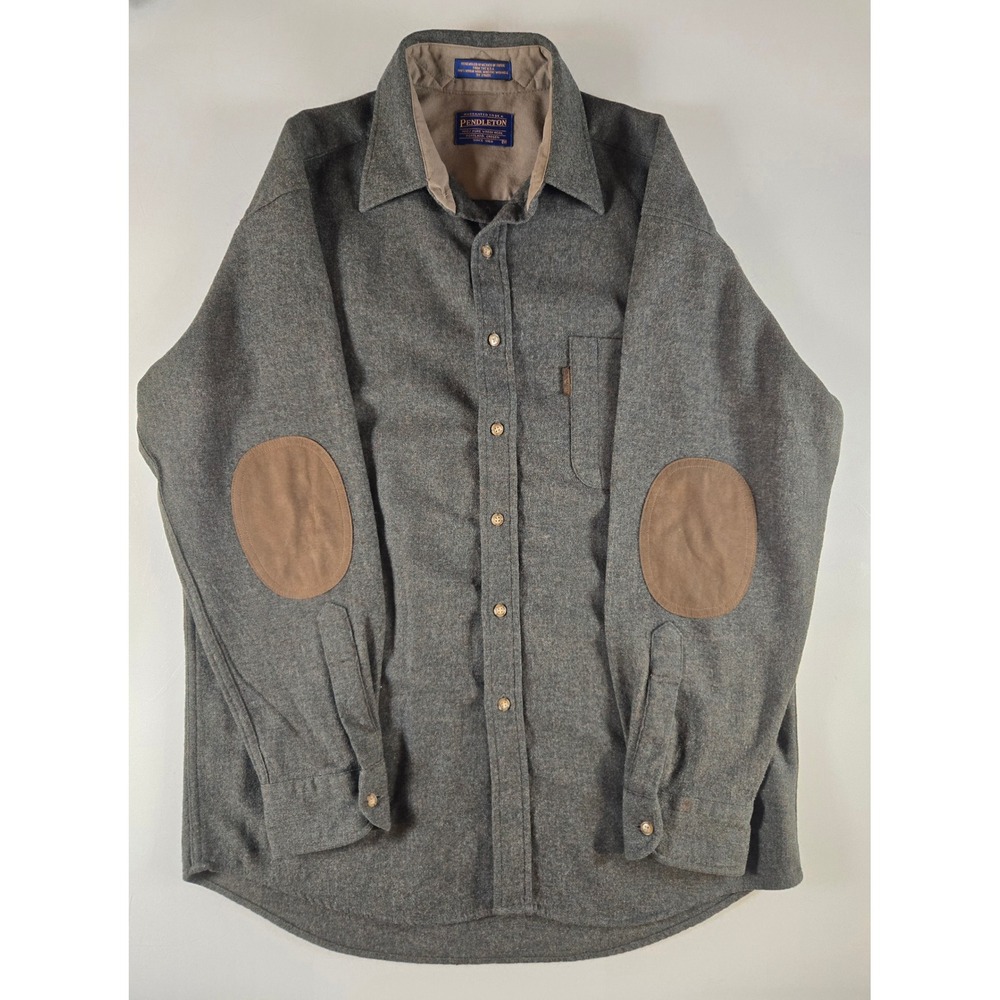 Pendleton Mens Gray Virgin Wool Elbow Patch Flannel Shirt Size M Washable